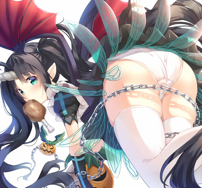 alexmaster ass beelzebub_(the_seven_deadly_sins) black_hair blue_eyes chains chicken_(food) commentary_request demon_girl elbow_gloves female food food_in_mouth from_behind gloves head_wings highres horns jack-o'-lantern long_hair panties pantyshot pointy_ears single_horn solo the_seven_deadly_sins thighhighs twintails underwear upskirt white_panties white_thighhighs wings