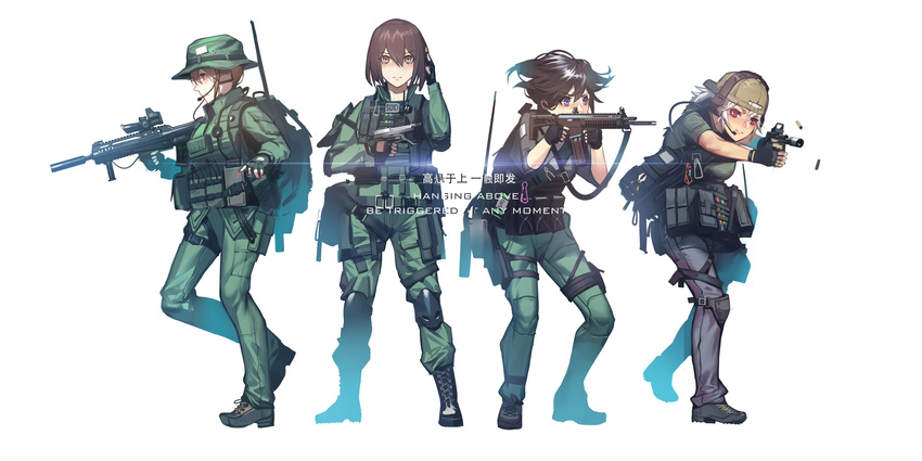 4girls absurdres acog adaptive_combat_rifle aiming assault_rifle backpack backwards_hat bag baseball_cap beretta_93r black_soldier blue_eyes boonie_hat boots brown_hair buckle carabiner casing_ejection check_translation chinese_commentary chinese_text commentary_request english_text field_radio fingerless_gloves firing glasses gloves gun handgun hat headset highres knee_pads load_bearing_vest military military_operator military_uniform multiple_girls original patch ponytail red_eyes reflex_sight remington_arms rifle shell_casing short_hair silver_hair simple_background snap-fit_buckle suppressor translation_request trigger_discipline uniform vertical_foregrip weapon weapon_request white_background wire_cutters