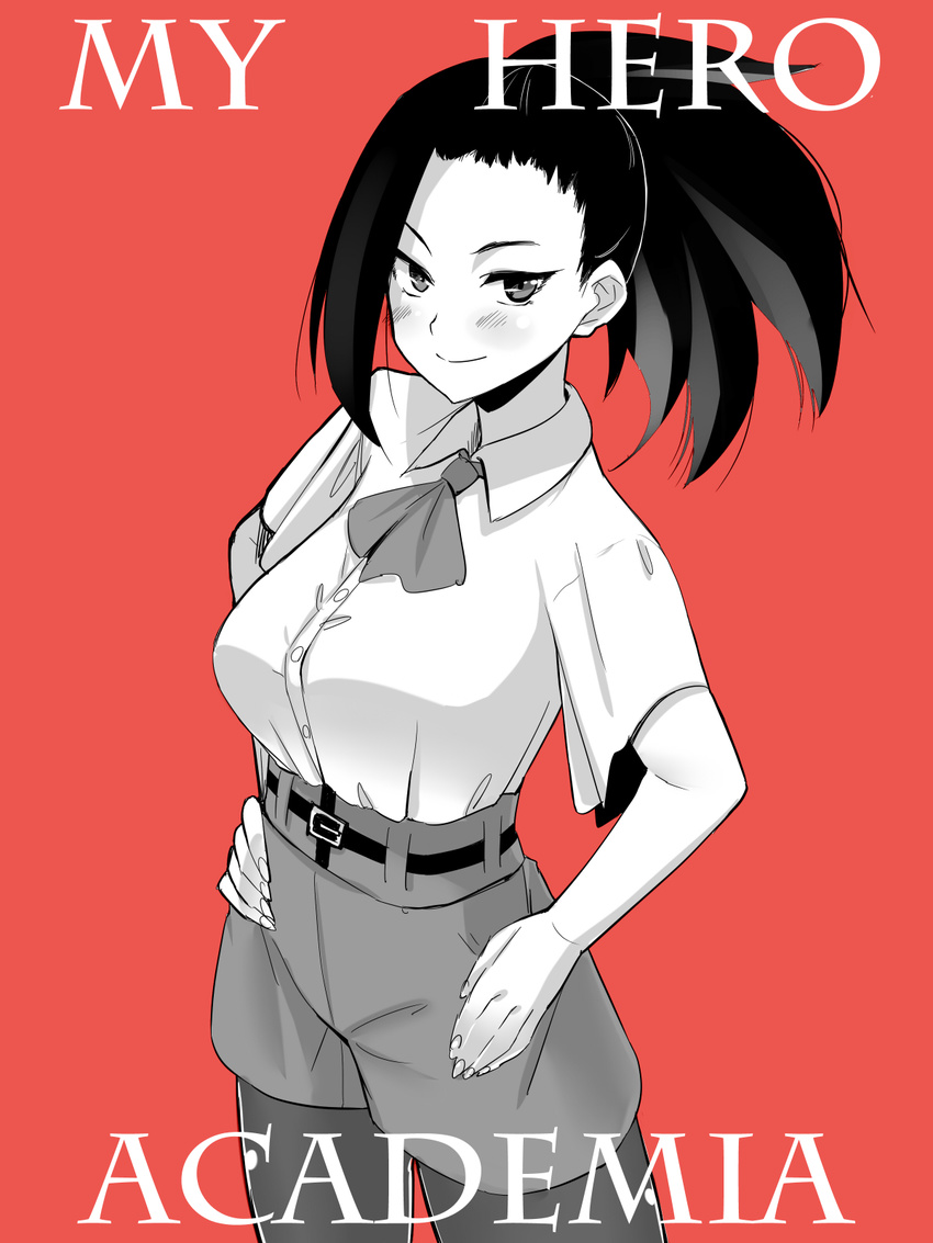 ascot blush boku_no_hero_academia female female kuzuaki looking_at_viewer md5_mismatch monochrome pantyhose ponytail shorts smile solo yaoyorozu_momo