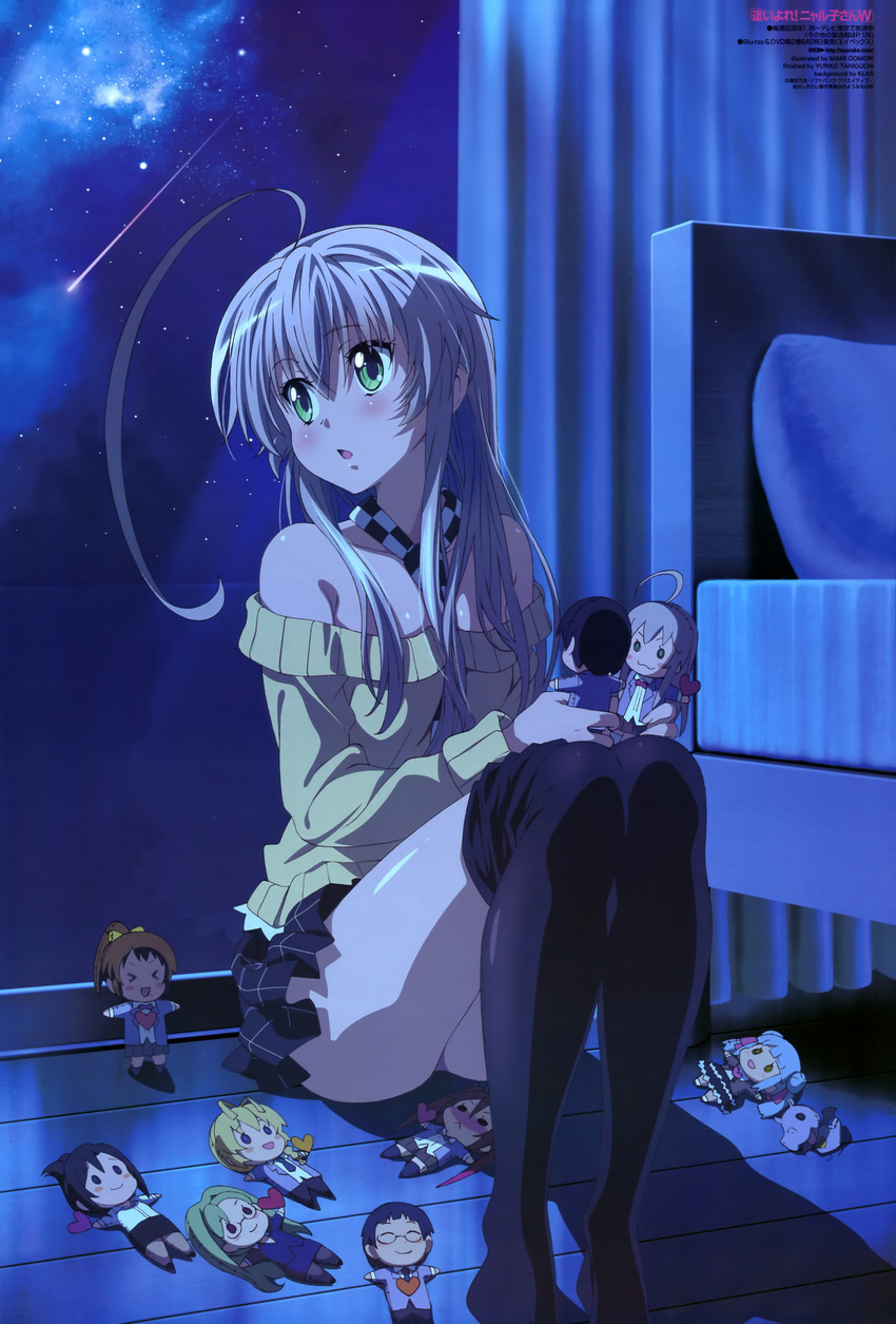 :o absurdres ahoge bed bed_sheet blush character_doll chibi crease cthugha_(nyaruko-san) everyone female ghutatan_(nyaruko-san) green_eyes grey_hair haiyore!_nyaruko-san hastur_(nyaruko-san) heart highres huge_ahoge indoors knees_up kurei_tamao legs long_hair long_legs looking_to_the_side newtype night night_sky nyarlathotep_(nyaruko-san) official_art oomori_mami open_mouth pillow room scan shantak_(nyaruko-san) shooting_star sidelocks sitting sky star_(sky) starry_sky yasaka_mahiro yasaka_yoriko yoichi_takehiko