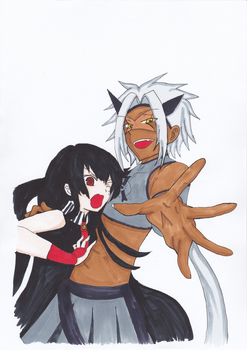 1boy akame akame_ga_kill! black_hair crop_top dark_skin female hand_on_back long_hair one_eye_open open_hand open_mouth red_eyes scar smile syura_(akame_ga_kill!) tagme tie tsubakirinka white_hair yellow_eyes