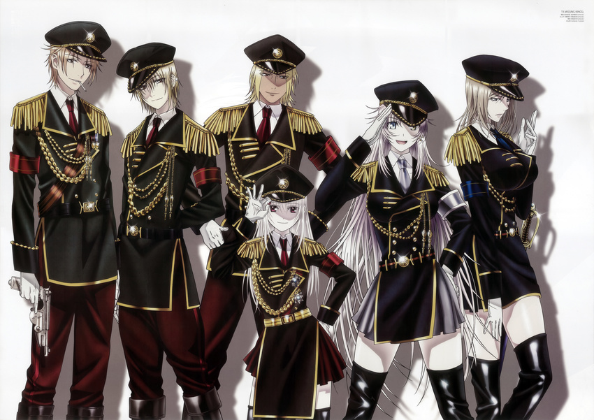 3boys 3girls absurdres awashima_seri black_footwear blonde_hair boots cigarette dark_skin earrings gloves gun hand_on_own_hip hat heterochromia highres jewelry k-project kamamoto_rikio knee_boots kusanagi_izumo kushina_anna long_hair military military_uniform multiple_boys multiple_girls neko_(k-project) photoshop_(medium) pink_hair smoking thighhighs totsuka_tatara uniform weapon white_gloves