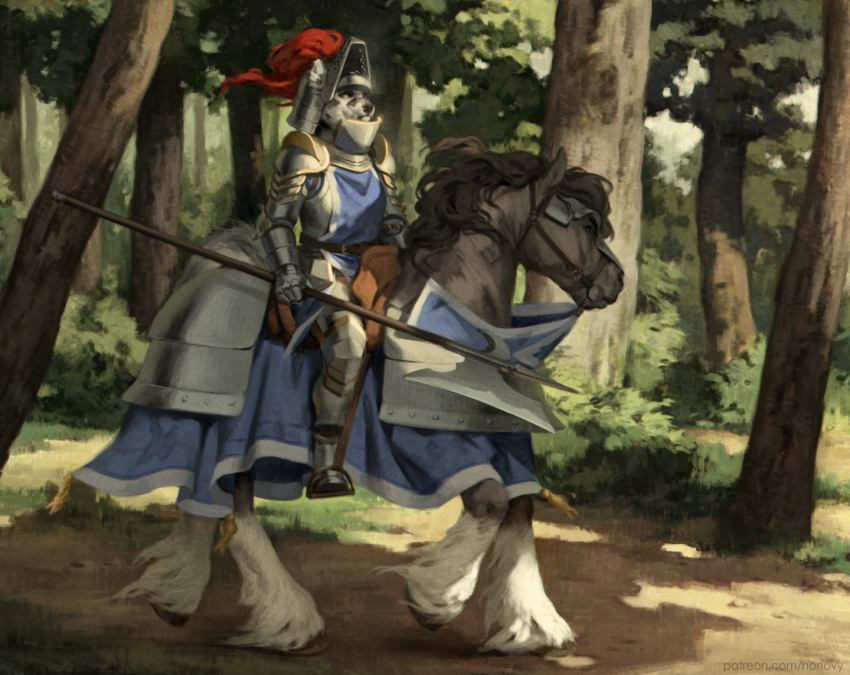 anthro armor biped bridle canid canine canis clothing digital_media_(artwork) digital_painting_(artwork) digitigrade domestic_dog duo equid equine facial_scar female feral forest forest_background halberd honovy horse horse_armor husky hybrid jaclyn_(revertigo) mammal melee_weapon nature nature_background nordic_sled_dog painting_(artwork) plant plate_armor polearm quadruped riding saddle scar shaded spitz stirrups tabard tack tree weapon wolf