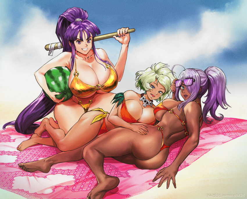 3girls adjusting_eyewear ahoge ass back barefoot beach_towel bikini blonde_hair blue_eyes blunt_bangs breasts cleavage commentary commission crossover dark-skinned_female dark_skin dragonaut eiken food front-tie_bikini_top front-tie_top fruit garnet_mclane gigantic_breasts gold_bikini green_eyes grin groin hand_on_another's_hip highleg highleg_bikini huge_ass huge_breasts jewelry jungle_de_ikou keigi kneeling lips long_hair lying mii_(jungle_de_ikou) misono_kirika multiple_crossover multiple_girls nail_polish necklace o-ring o-ring_bikini on_side open_mouth orange_bikini pink_towel ponytail purple_eyes purple_hair purple_nails short_hair sidelocks simple_background skull_necklace smile suikawari sunglasses swimsuit thick_thighs thighs thong_bikini tongue tongue_out towel very_long_hair watermelon