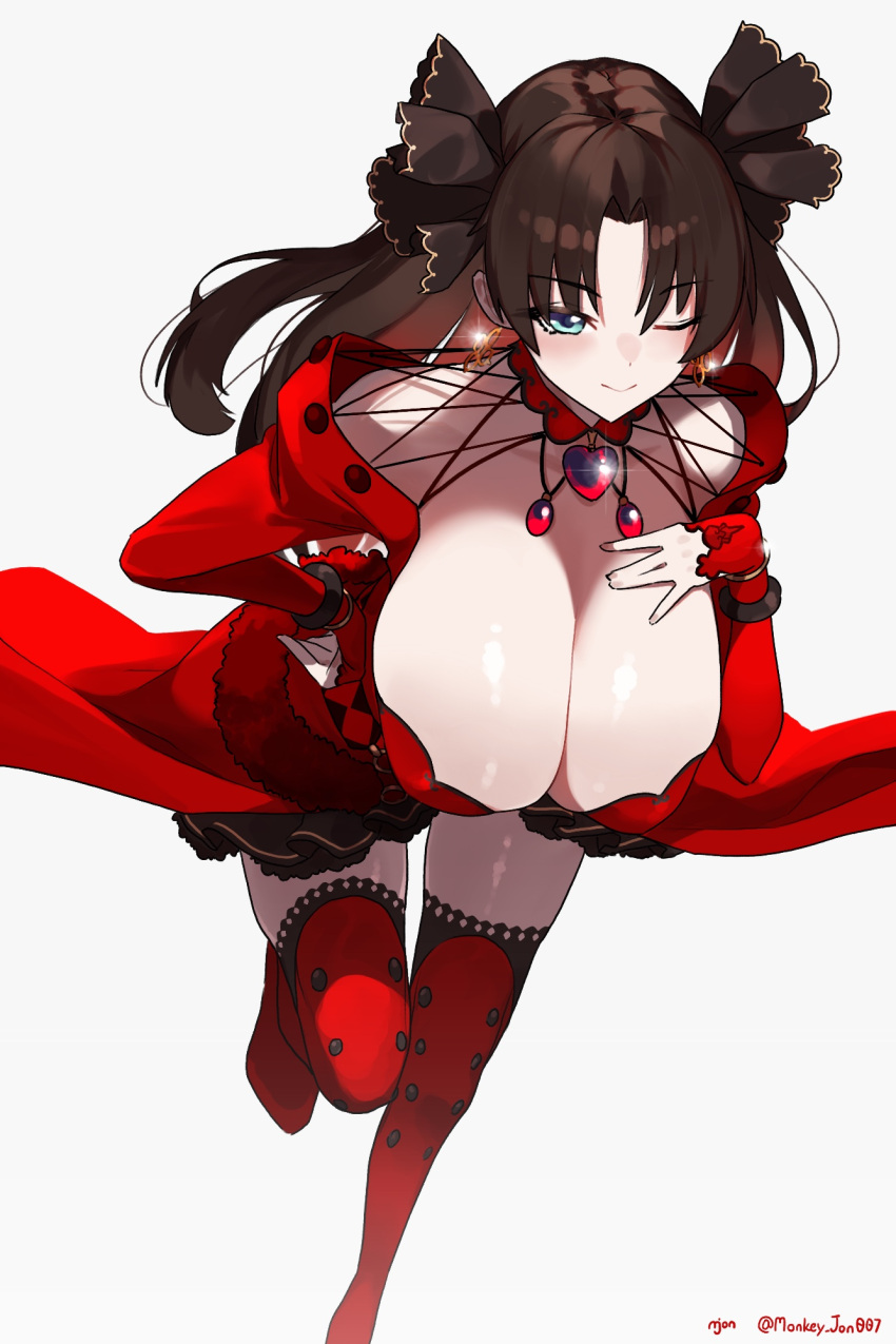 alternate_breast_size artist_name blue_eyes breasts brown_hair brown_ribbon cleavage closed_mouth commentary commission detached_collar dress earrings english_commentary fate/grand_order fate/stay_night fate_(series) female gem hair_ribbon hand_on_own_chest hand_on_own_hip hanging_breasts highres huge_breasts jewelry lace-trimmed_boots lace_trim leaning_forward long_hair long_sleeves looking_at_viewer monkey_jon one_eye_closed parted_bangs polka_dot polka_dot_legwear red_dress red_gemstone ribbon simple_background skirt smile solo thighhighs tohsaka_rin tohsaka_rin_(formalcraft) twitter_username two_side_up white_background