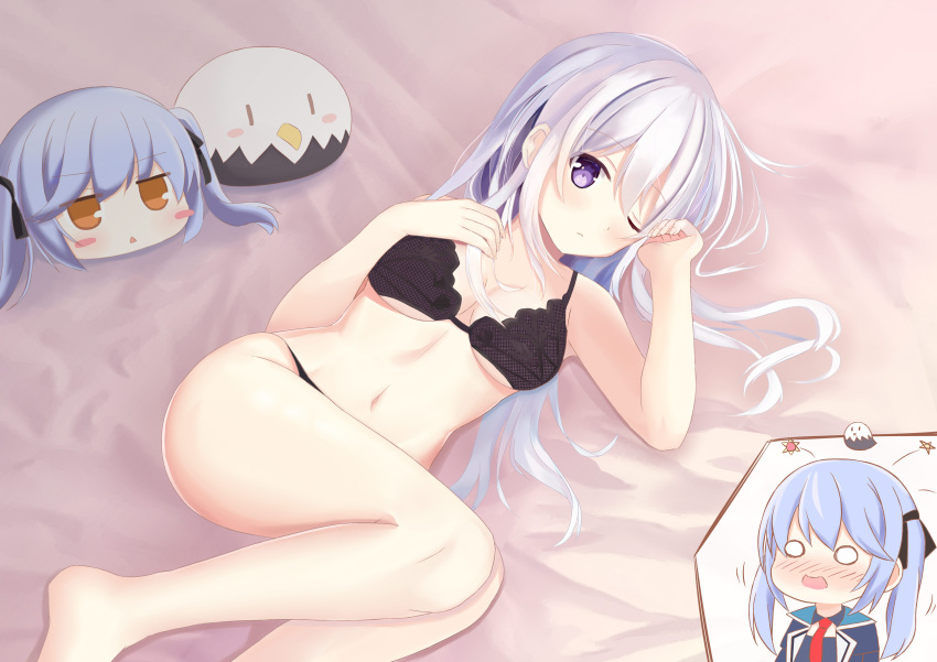 2girls absurdres azur_lane barefoot black_bra black_panties blue_hair blush blush_stickers bra breasts character_doll enterprise_(azur_lane) essex_(azur_lane) feet grey_hair hair_ornament hair_ribbon highres hoshimi_tooni long_hair looking_at_viewer lying medium_breasts multiple_girls navel one_eye_closed open_mouth panties purple_eyes ribbon twintails underwear underwear_only white_hair