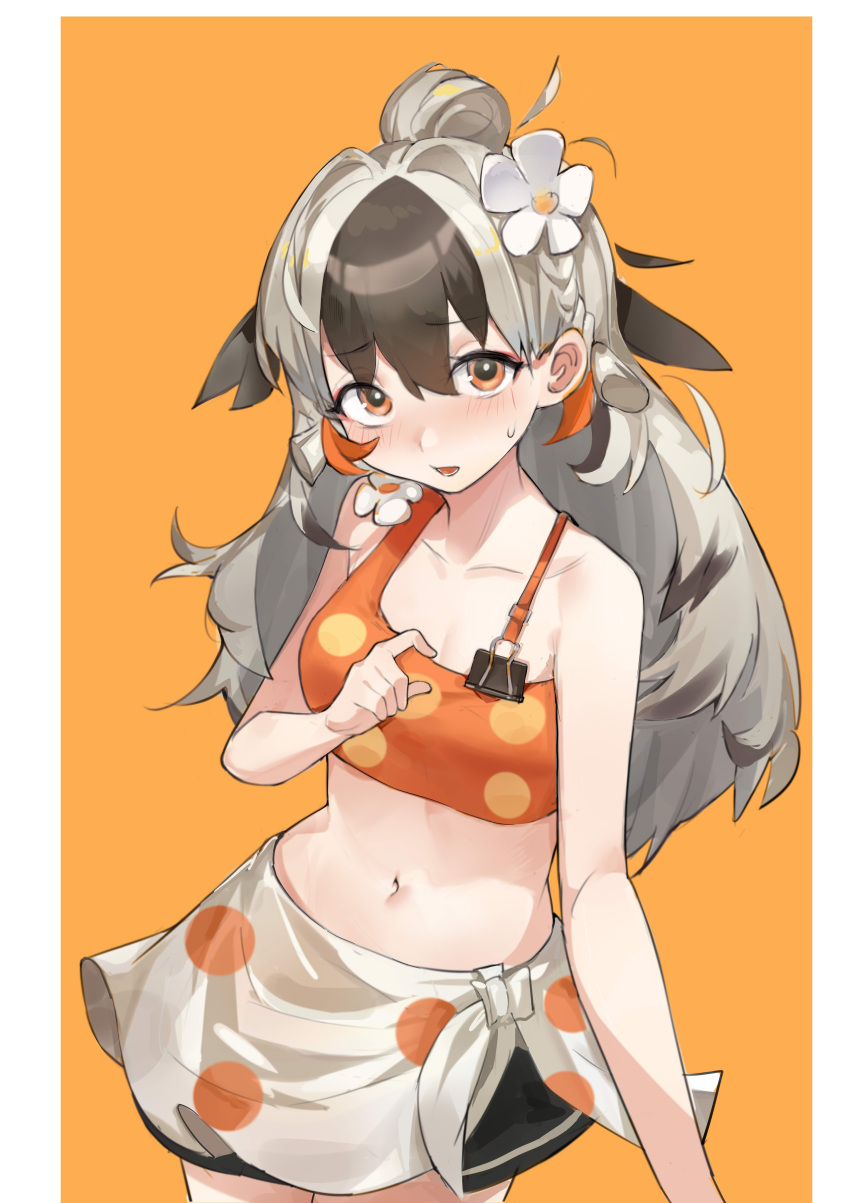 absurdres arknights bare_arms bare_shoulders bikini black_hair blush border braid breasts cleavage collarbone cowboy_shot female flower grey_hair hair_between_eyes hair_flower hair_ornament highres long_hair looking_at_viewer multicolored_hair navel official_alternate_costume open_mouth orange_background orange_bikini orange_eyes outside_border polka_dot polka_dot_bikini sarong small_breasts snowsant_(arknights) solo stomach streaked_hair sweatdrop swimsuit two-tone_hair whaleares19 white_border white_flower