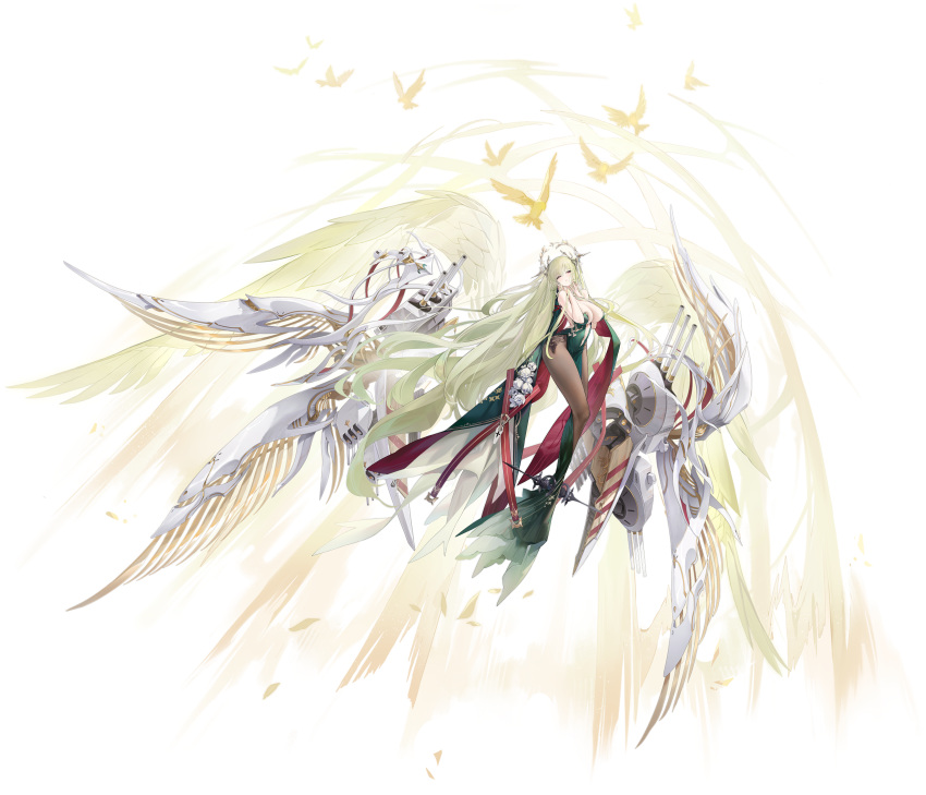 absurdly_long_hair absurdres animal artist_request azur_lane bare_shoulders bird breasts brown_pantyhose cannon cleavage covered_navel crown dress feathered_wings feathers female floating_hair flower full_body gloves green_dress green_hair hair_ornament highleg highres jewelry large_breasts long_dress long_hair looking_at_viewer machinery napoli_(azur_lane) non-web_source official_art pantyhose pelvic_curtain purple_eyes rigging simple_background smile solo star_(symbol) strapless strapless_dress thighs turret very_long_hair weapon white_flower white_gloves wings world_of_warships