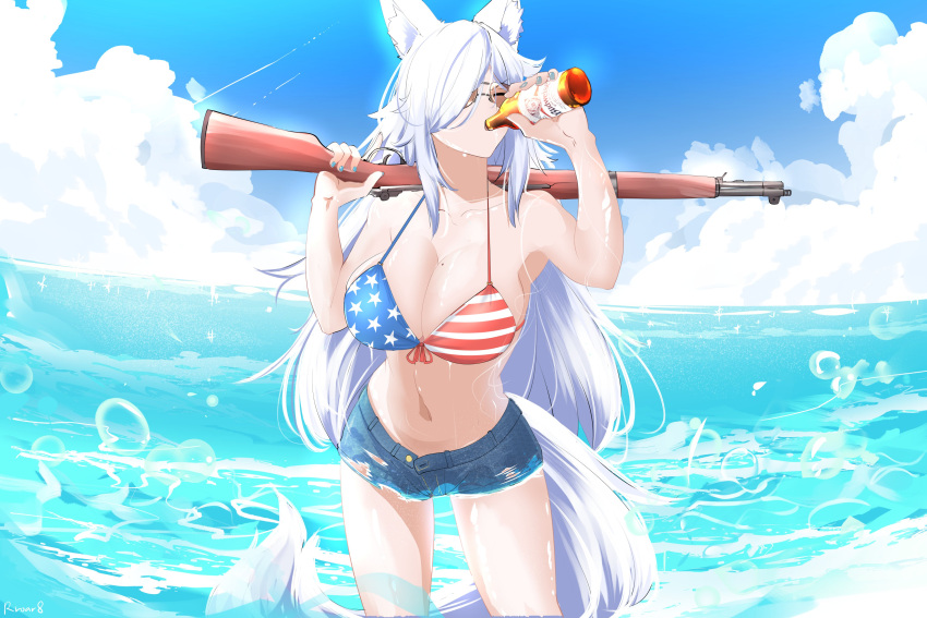 absurdres alcohol american_flag american_flag_bikini american_flag_print animal_ear_fluff animal_ears beer beer_bottle bikini breasts cleavage closed_eyes cloud commission cowboy_shot cutoff_jeans cutoffs day discordia_(vtuber) drink drinking female flag_print fox_ears fox_girl fox_tail gun highres holding holding_drink holding_gun holding_weapon indie_virtual_youtuber large_breasts long_hair m1_garand mole mole_on_breast ocean print_bikini rifle rroar8 short_shorts shorts solo sunglasses swimsuit tail unbuttoned very_long_hair weapon white_hair