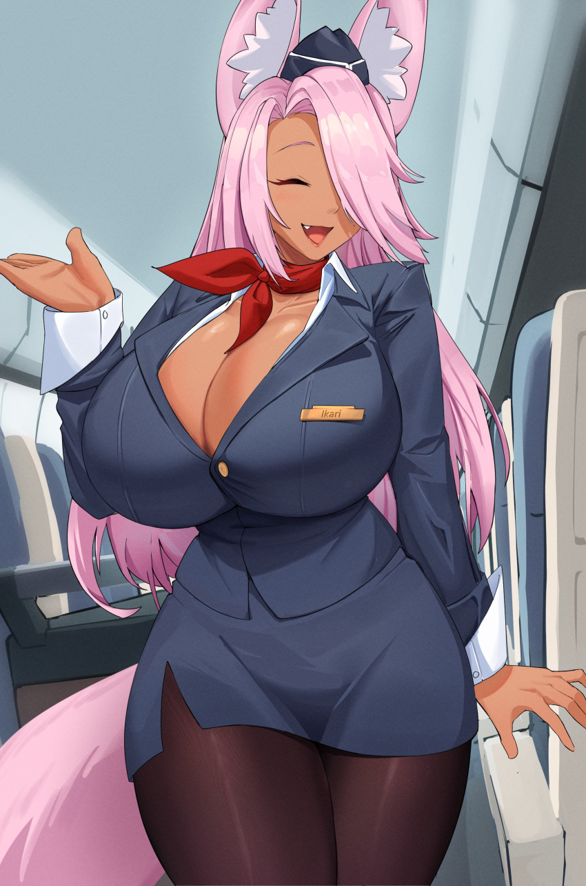 absurdres aircraft airplane animal_ears bamboowacker black_pantyhose breasts cleavage closed_eyes cowboy_shot curvy dark-skinned_female dark_skin female flight_attendant fox_ears fox_girl fox_tail hair_over_eyes highres huge_breasts long_hair name_tag neck_ribbon oerba_yun_fang open_mouth original pantyhose pink_hair ribbon smile solo tail travel_attendant very_long_hair