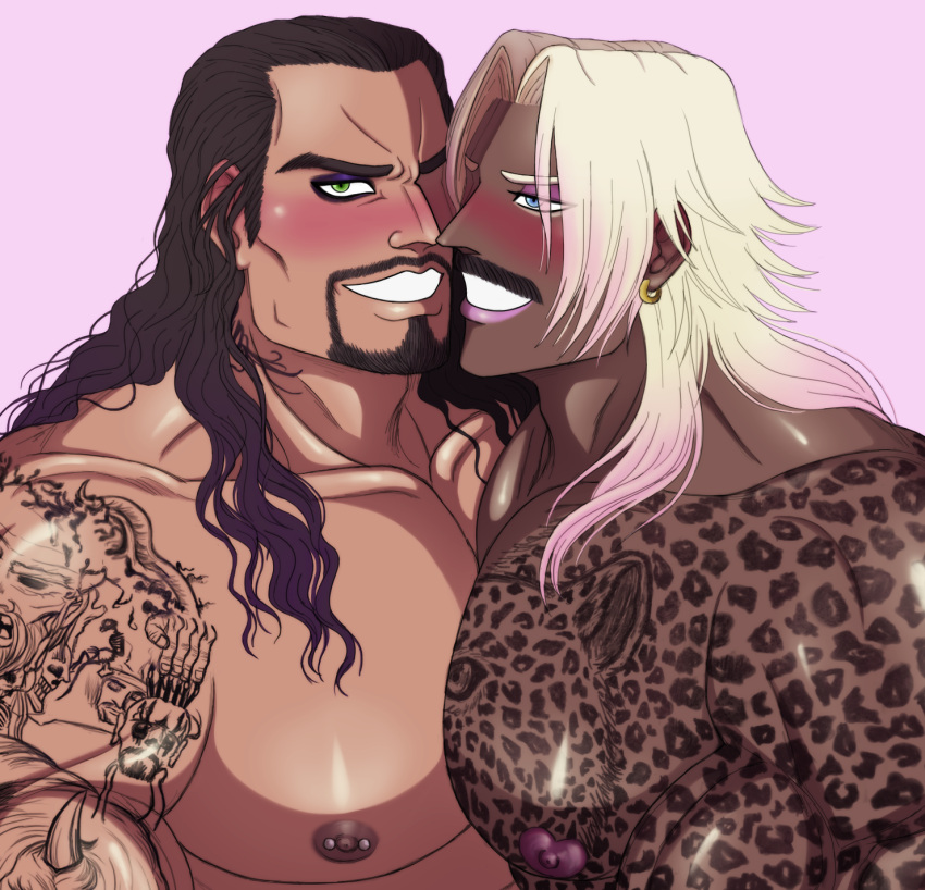 chest_tattoo crossover dark_skin gyaru king_of_fighters lasupay3 male/male male_breasts muscular_male nipple_piercing no_sex rugal_bernstein smile snk tanned tanned_male tanned_skin tattoo tattoo_on_chest the_undertaker wwe