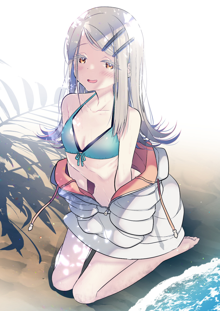 absurdres bare_legs barefoot beach bikini blush breasts collarbone commentary_request female front-tie_bikini_top front-tie_top gakuen_idolmaster gradient_hair green_bikini grey_hair halterneck hano_haruka highres idolmaster jacket jacket_partially_removed kneeling light_brown_hair long_hair looking_at_viewer multicolored_hair nail_polish orange_eyes outdoors ribs shadow shinosawa_hiro skinny small_breasts smile solo swimsuit toes two-sided_fabric two-sided_jacket white_jacket