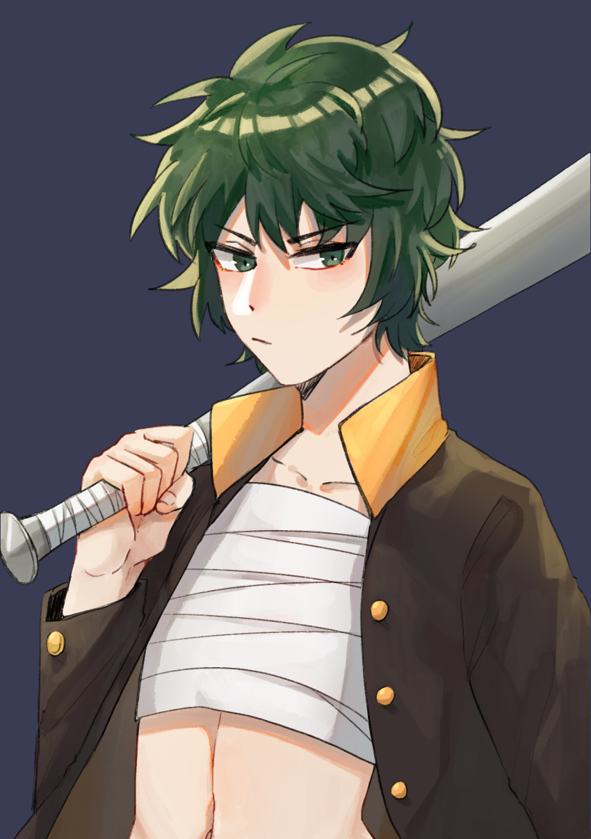 :/ absurdres baseball_bat black_jacket blue_background chest_sarashi closed_mouth collarbone female flat_chest green_eyes green_hair highres holding holding_baseball_bat isoi_rai jacket long_sleeves metal_baseball_bat navel open_clothes open_jacket saibou_shinkyoku sarashi short_hair simple_background solo upper_body v-shaped_eyebrows xingmao