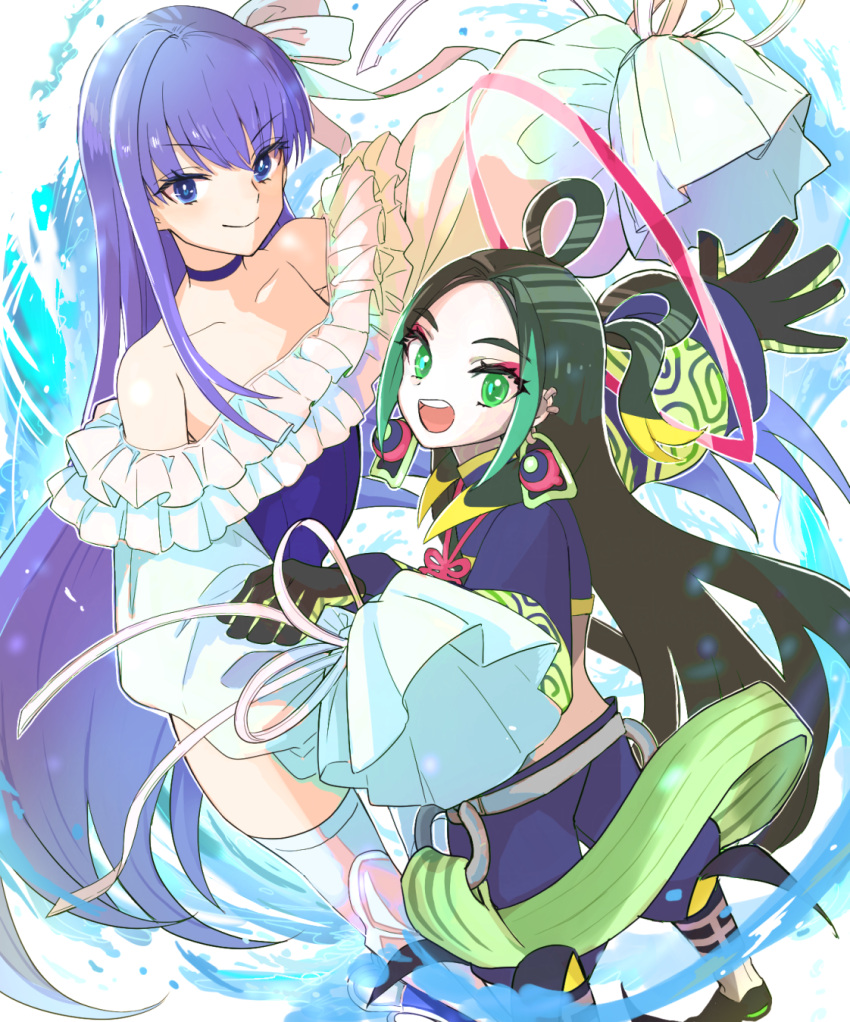 1boy bare_shoulders black_hair blue_eyes blue_pants blue_ribbon blue_shirt blush breasts choker collarbone eyeshadow fate/grand_order fate_(series) female frilled_one-piece_swimsuit frills green_eyes green_hair hair_ribbon hair_rings highleg highleg_swimsuit highres long_hair long_sleeves looking_at_viewer makeup meltryllis_(fate) meltryllis_(swimsuit_lancer)_(fate) meltryllis_(swimsuit_lancer)_(second_ascension)_(fate) off-shoulder_one-piece_swimsuit off_shoulder one-piece_swimsuit pants parted_bangs prosthesis prosthetic_leg puffy_sleeves purple_hair red_eyeshadow ribbon shirt sleeves_past_fingers sleeves_past_wrists small_breasts smile swimsuit taisui_xingjun_(fate) tekuteku_aruko thighs very_long_hair water white_ribbon