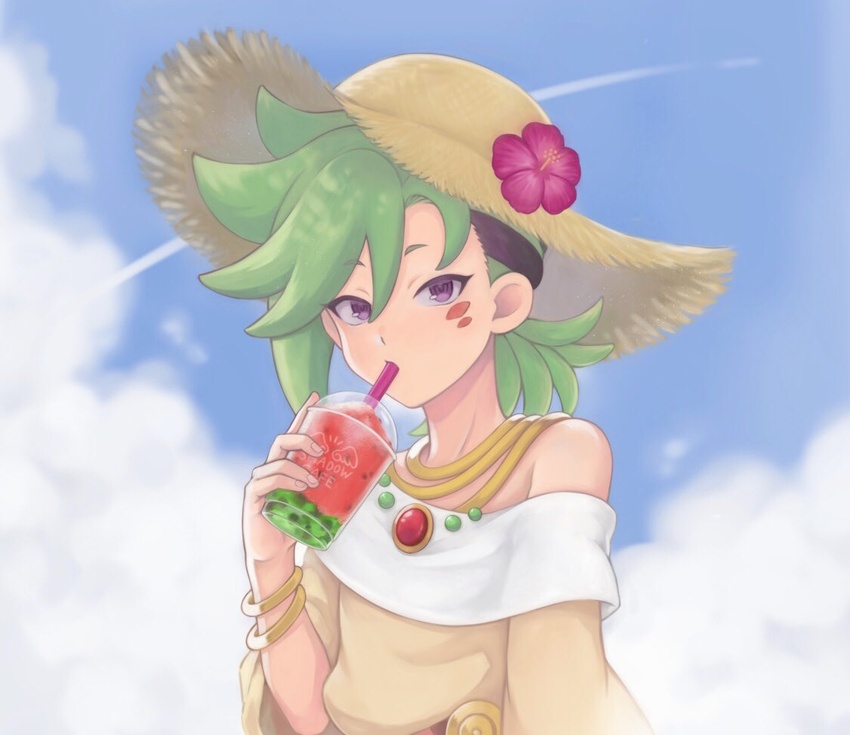 1boy bad_id bad_pixiv_id black_hair blue_sky bracelet cloud contrail cup day drink facial_mark flower green_hair hair_between_eyes hat hat_flower hibiscus holding holding_cup jewelry looking_at_viewer male_focus mauro_abelard multicolored_hair off_shoulder otoko_no_ko outdoors purple_eyes riku_son shadowverse shadowverse_(anime) sky solo spiked_hair straw_hat sun_hat tunic two-tone_hair upper_body yellow_tunic