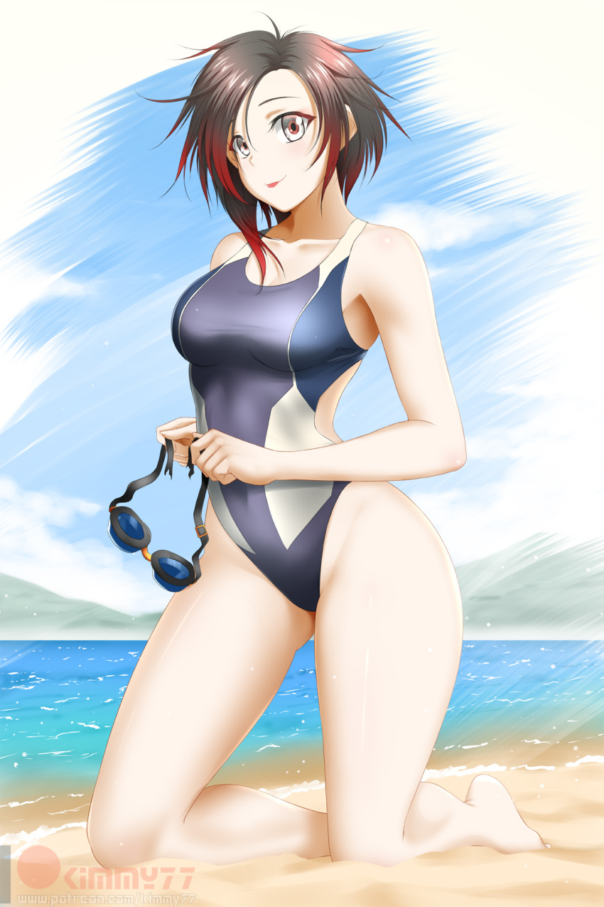 bangs banned_artist barefoot beach breasts brown_hair cleavage collarbone competition_swimsuit covered_navel day female full_body gradient_hair grey_swimsuit highres holding kimmy77 kneeling large_breasts long_hair multicolored_hair ocean one-piece_swimsuit outdoors red_hair ruby_rose rwby shiny shiny_hair smile solo summer swept_bangs swimsuit thighs tongue tongue_out watermark yellow_eyes