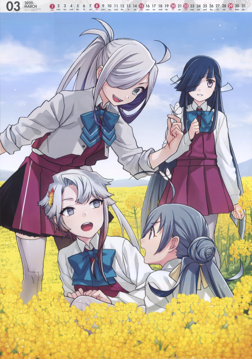 4girls absurdres ahoge akishimo_(kantai_collection) asashimo_(kantai_collection) black_hair blazer blue_hair boots bow bowtie calendar_(medium) cross-laced_footwear dress field flower flower_field fujikawa grey_eyes grey_hair grey_legwear hair_between_eyes hair_bun hair_over_one_eye halterneck hayashimo_(kantai_collection) headband highres hime_cut image_sample jacket kantai_collection kiyoshimo_(kantai_collection) lace-up_boots long_hair low_twintails multiple_girls official_art pantyhose ponytail purple_legwear school_uniform sharp_teeth shirt silver_hair sleeves_rolled_up teeth thighhighs twintails very_long_hair white_shirt yandere_sample