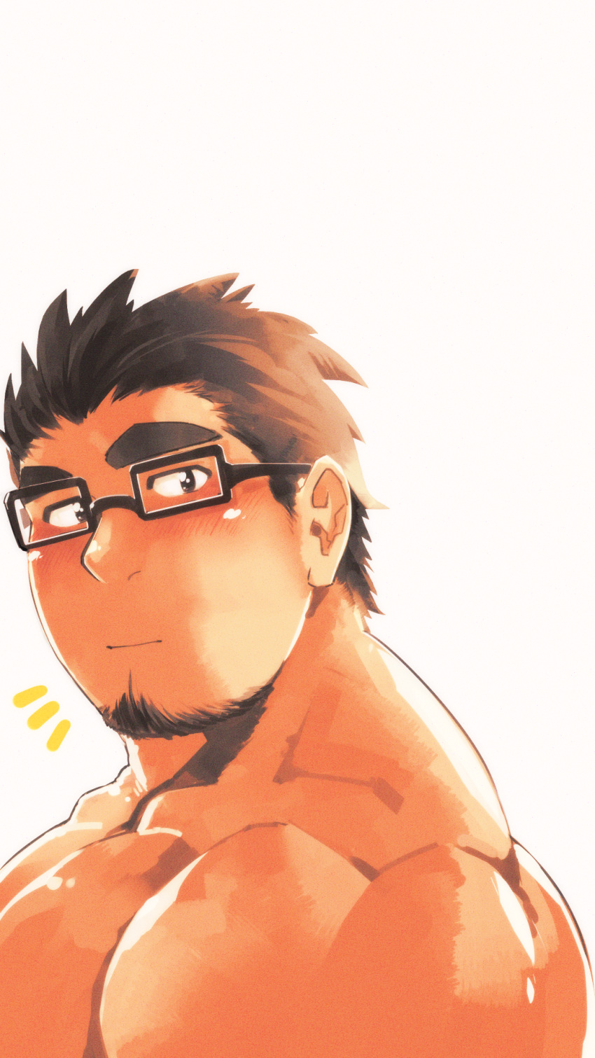 1boy bara black-framed_eyewear blush brown_hair facial_hair from_side glasses goatee higemorigen highres large_pectorals looking_at_viewer male_focus mature_male muscular muscular_male nude original pectorals short_hair sideburns simple_background solo thick_eyebrows upper_body