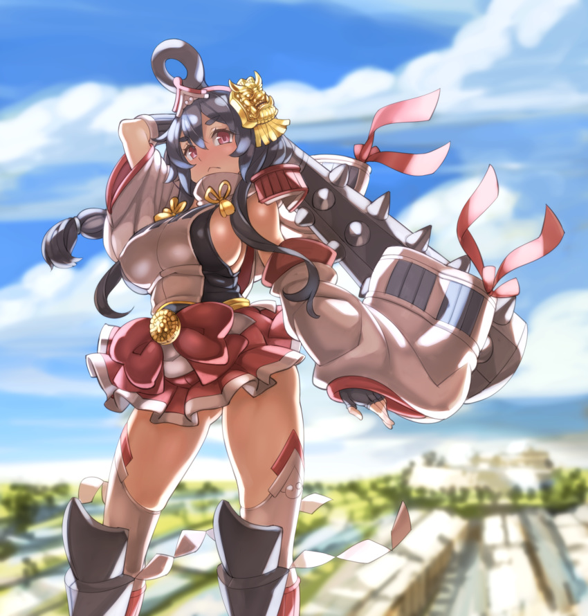 black_hair breasts cloud club_(weapon) commentary_request day detached_sleeves female highres kanabou large_breasts long_hair morioka_(oshiro_project) oshiro_project:re red_eyes revision solo spiked_club tenako_(mugu77) thighhighs weapon