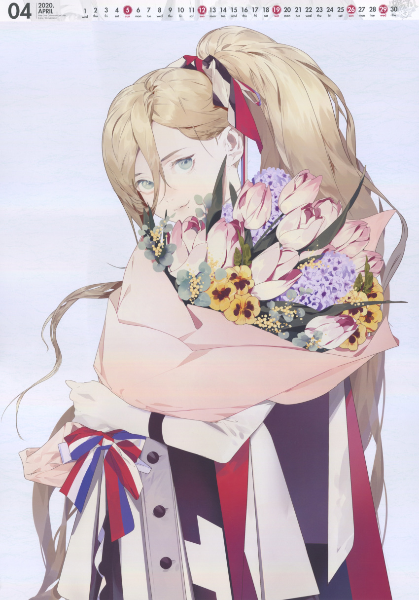 absurdres akira_(kadokawa) alternate_hairstyle anatomical_nonsense bad_anatomy blonde_hair blue_eyes bouquet buttons calendar_(medium) female flower highres holding holding_bouquet image_sample kantai_collection lips long_hair mole mole_under_eye mole_under_mouth official_art pink_flower purple_flower richelieu_(kantai_collection) smile solo white_flower yandere_sample yellow_flower