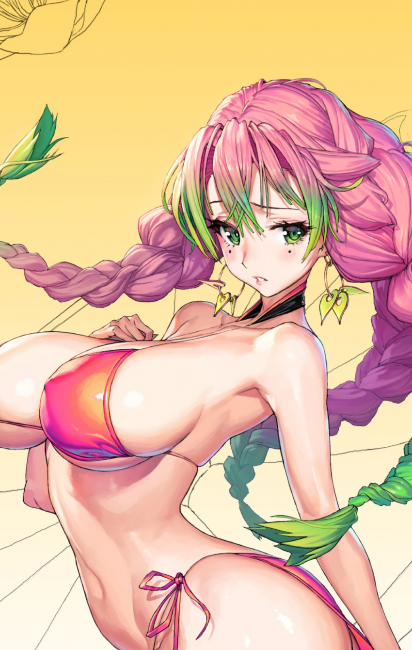 arched_back arm_rest bare_shoulders bikini braid breasts covered_nipples curvy earrings female green_eyes green_hair hand_on_own_chest highres jewelry kanroji_mitsuri kimetsu_no_yaiba large_breasts looking_at_viewer mole mole_under_eye navel nervous parted_lips pink_hair punc_p red_bikini side-tie_bikini_bottom sideboob solo swimsuit twintails underboob unfinished