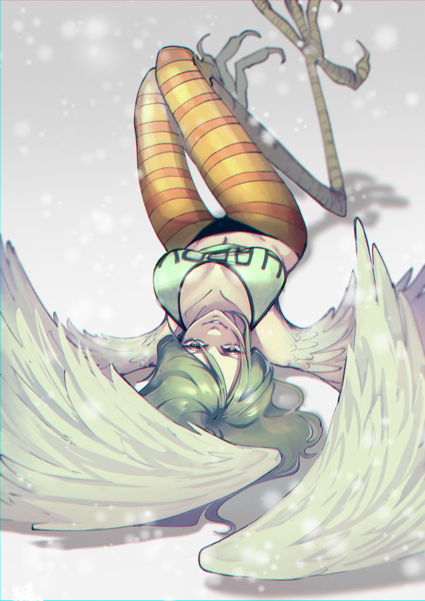 absurdres bird_legs clothes_writing crop_top female from_above green_hair harpy highres long_hair lying monet_(one_piece) monster_girl on_back one_piece sleeveless smile snowing solo ukari winged_arms wings