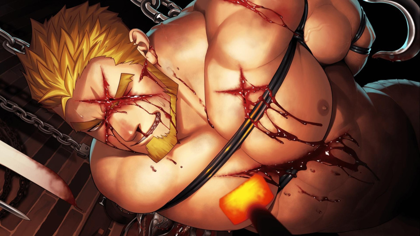 1boy abs arms_behind_back bara beard blonde_hair blood blood_from_mouth blood_on_face bound bound_arms branding_iron completely_nude facial_hair guro gyee highres itto_(mentaiko) large_pectorals leaning_forward male_focus markus_(gyee) mature_male muscular muscular_male navel nipples nosebleed nude official_art pectoral_press pectorals rope scar scar_across_eye scar_on_face short_hair solo spiked_hair spoilers stomach thick_eyebrows third-party_source torture torture_instruments