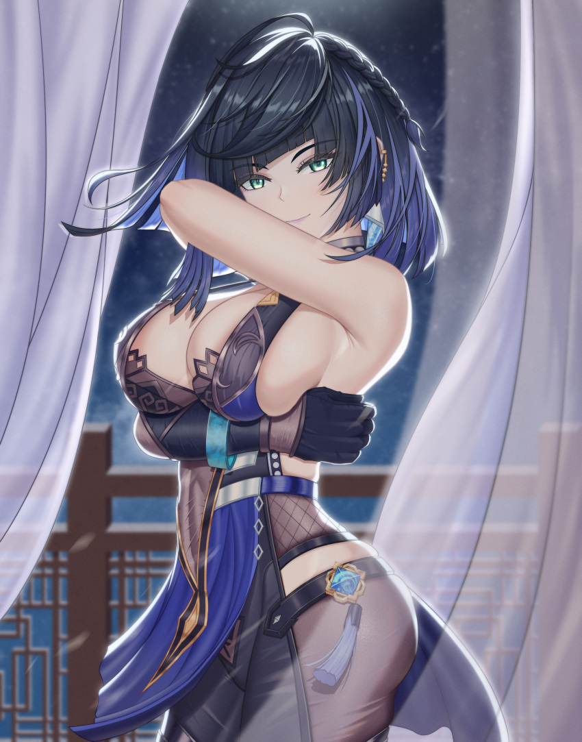 absurdres arm_under_breasts bare_shoulders black_gloves black_hair blue_hair blunt_bangs breasts cleavage cowboy_shot curtains female genshin_impact gloves green_eyes has_bad_revision has_downscaled_revision highres large_breasts looking_at_viewer md5_mismatch multicolored_hair night night_sky railing resolution_mismatch sideboob single_glove sky sleeveless solo source_smaller standing suzhi2333 yelan_(genshin_impact)