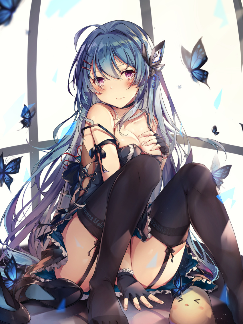 >_< absurdres ahoge arm_between_legs armlet armor ass_visible_through_thighs azur_lane between_legs black_armor black_choker black_footwear black_garter_straps black_gloves black_thighhighs blue_butterfly blue_dress blue_hair breasts bug butterfly choker cleavage closed_mouth convenient_censoring dress dress_straps expressionless eyebrows feet feet_out_of_frame female fingerless_gloves floor flying frilled_dress frilled_gloves frills garter_straps gloves hair_ornament hair_over_breasts hairclip hand_between_legs hands_on_own_breasts head_tilt heaven's_melody helena_(azur_lane) high_heels highres knees_up legs legs_apart long_hair looking_at_viewer manjuu_(azur_lane) medium_breasts messy_hair no_bra off_shoulder on_floor parted_bangs pink_eyes shiny_skin shoes sidelocks sitting solo thighhighs thighs unworn_shoes very_long_hair window