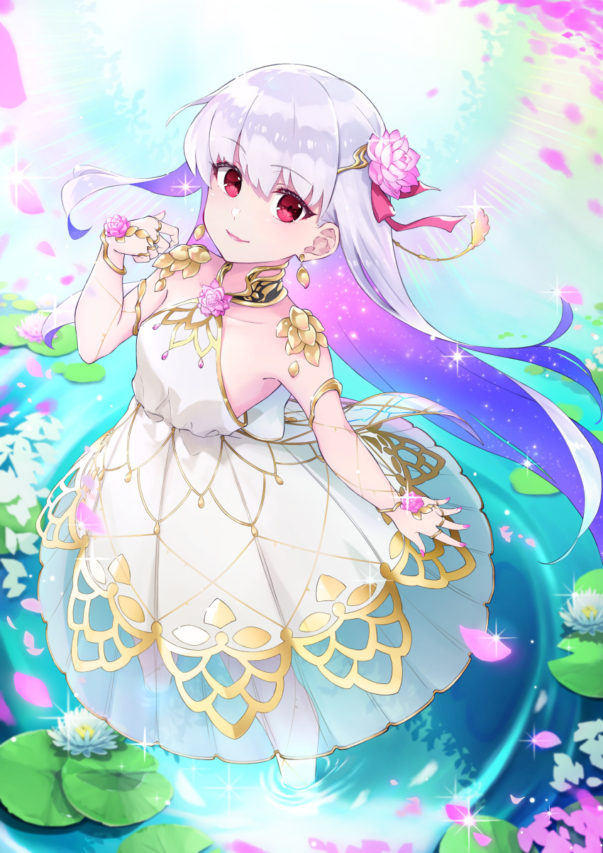 absurdres alternate_costume armlet bare_shoulders blue_hair blush bracelet breasts circlet collar collarbone colored_inner_hair dress earrings falling_petals fate/grand_order fate/grand_order_arcade fate_(series) female flower gold_trim gradient_hair hair_flower hair_ornament hair_ribbon highres jewelry kama_(fate) kama_(mistake)_(fate) lily_pad long_hair looking_at_viewer lotus metal_collar multicolored_hair petals pink_flower pink_petals red_eyes ribbon ripples small_breasts smile solo sparkle two-tone_hair wading water water_lily_flower white_dress white_flower white_hair white_petals wrist_flower yuniyuni