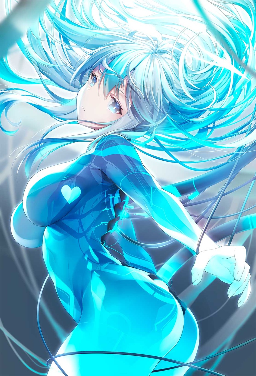 aqua_hair ass blue_bodysuit blue_eyes blue_hair blush bodysuit breasts cable cyborg eureka_iris expressionless female floating_hair from_side grey_hair head_tilt highres kagachi_saku large_breasts liver_city long_hair looking_at_viewer multicolored_hair see-through_body sidelocks skeleton solo standing streaked_hair transparent two-tone_hair very_long_hair virtual_youtuber