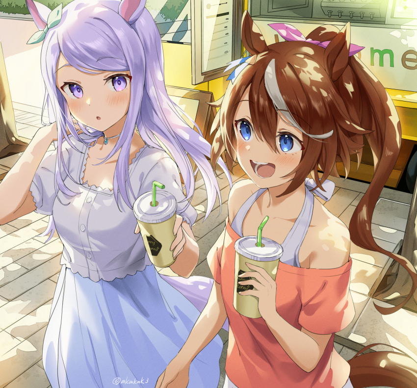 2girls :d :o animal_ears arm_up bangs bare_shoulders blue_eyes blue_skirt bow breasts brown_hair cafe casual cup disposable_cup drinking_straw eyebrows_visible_through_hair hair_between_eyes hairbow highres horse_ears horse_girl horse_tail jewelry long_hair looking_at_viewer medium_breasts mejiro_mcqueen_(umamusume) multicolored_hair multiple_girls necklace off-shoulder_shirt off_shoulder open_mouth outdoors pink_shirt pleated_skirt ponytail purple_eyes purple_hair rokcha shirt short_sleeves skirt smile streaked_hair tail tokai_teio_(umamusume) two-tone_hair umamusume white_shirt