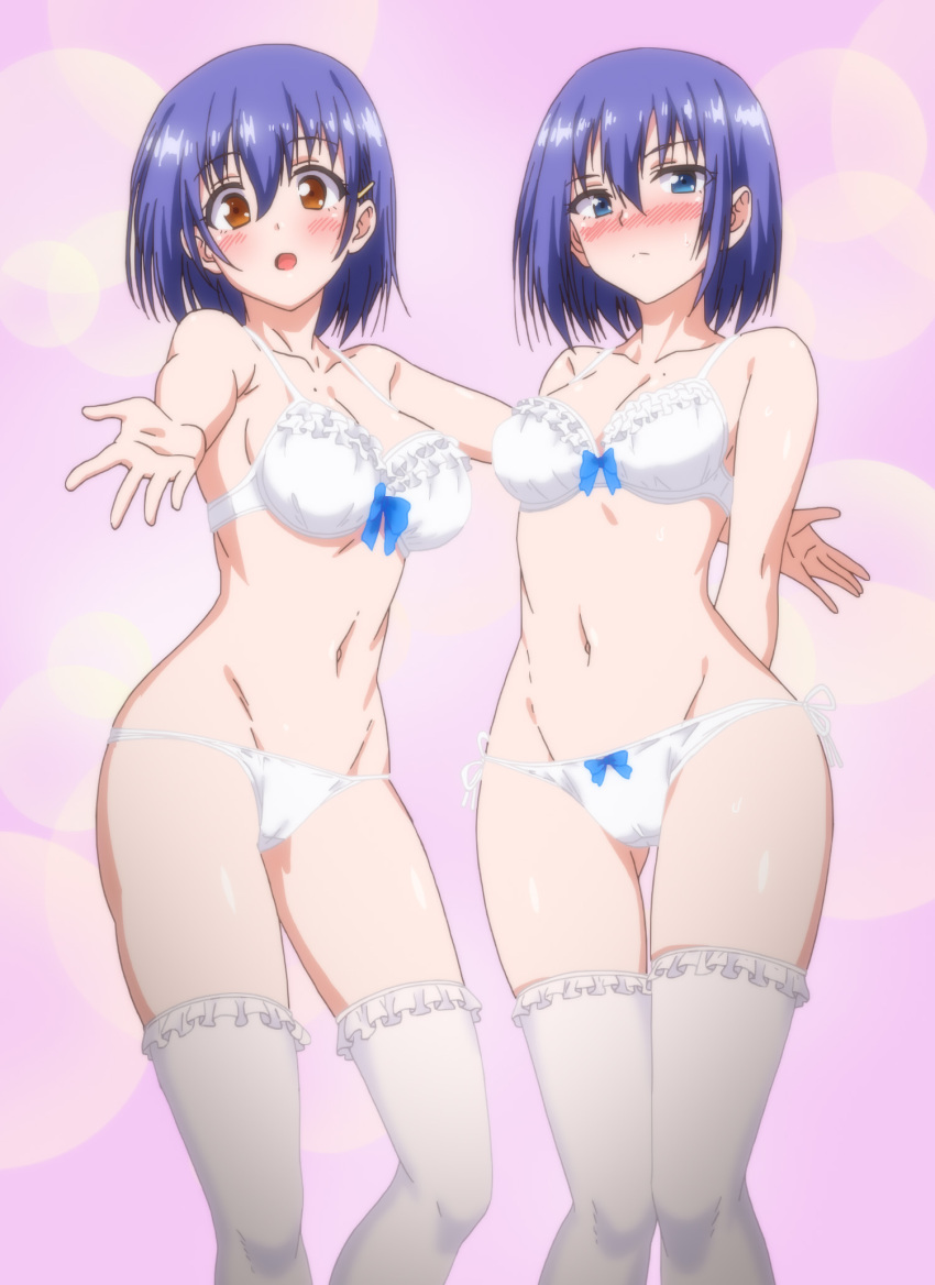 2girls blue_hair bra breasts hair_ornament highres hoshizuki_kaede hoshizuki_suzu kaede_to_suzu kyokucho large_breasts looking_at_viewer medium_breasts mole mole_on_breast mole_on_neck multiple_girls navel panties ribbon siblings sisters thighhighs thighs twins underwear underwear_only white_bra white_panties