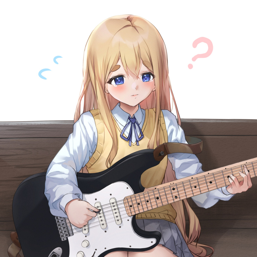 ? bench blonde_hair blue_eyes blue_ribbon blush closed_mouth collared_shirt commentary cowboy_shot female grey_skirt guitar instrument k-on! kotobuki_tsumugi long_hair long_sleeves looking_down music neck_ribbon on_bench pepeo playing_instrument pleated_skirt plectrum ribbon sakuragaoka_high_school_uniform school_uniform shirt sidelocks simple_background sitting skirt solo sweater_vest tearing_up thick_eyebrows white_background white_shirt winter_uniform yellow_sweater_vest