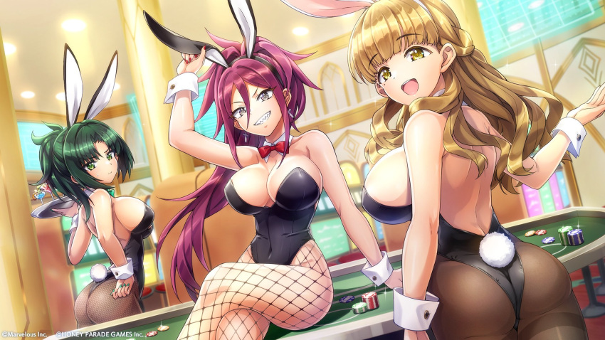 3girls animal_ears ass ayato_utae backless_leotard bare_shoulders black_leotard blonde_hair breasts casino cleavage commentary_request cross cross_earrings crossed_legs dolphin_wave earrings fake_animal_ears fake_tail fishnet_pantyhose fishnets green_eyes green_hair grey_eyes harunami_anri highres holding holding_tray jewelry kurenashi_yuuri large_breasts leotard long_hair looking_back mole mole_under_eye multiple_girls official_art on_table ootomo_takuji pantyhose playboy_bunny poker_chip poker_table ponytail purple_hair rabbit_ears rabbit_tail sharp_teeth sideboob sitting sitting_on_table strapless strapless_leotard table tail teeth tray wrist_cuffs yellow_eyes