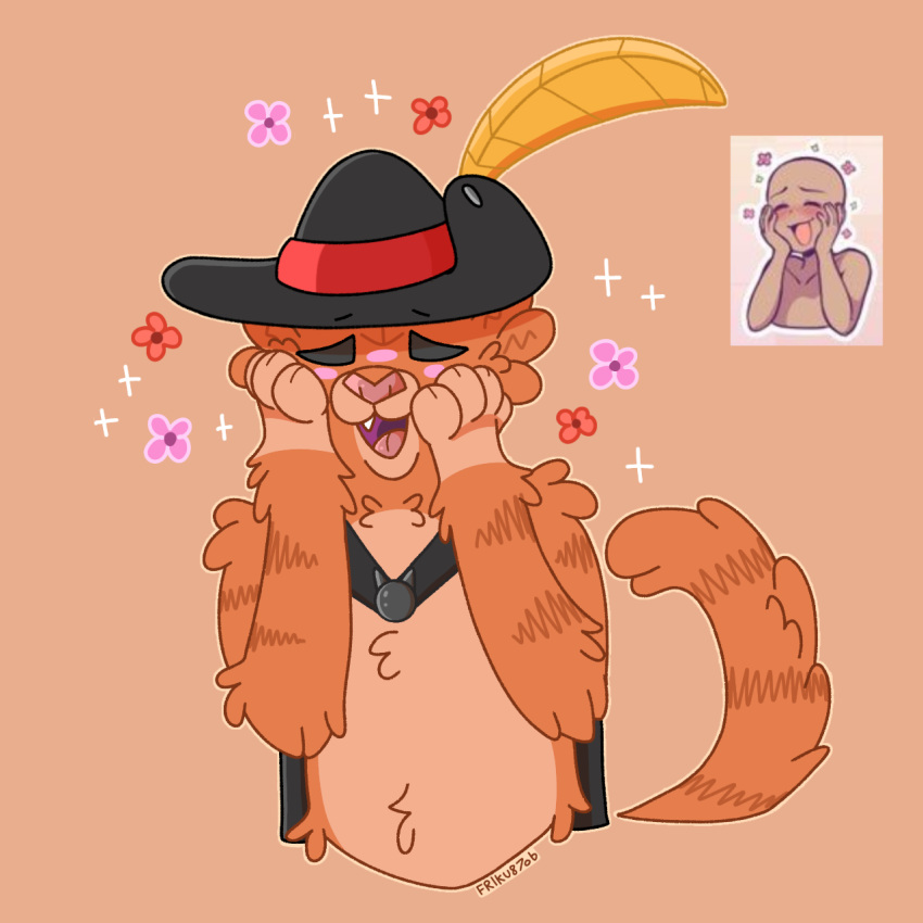 1:1 alleycat8706_(artist) anthro blush cape cheek_tuft closed_eyes clothing domestic_cat dreamworks expression_meme facial_tuft felid feline felis flower fluffy fur fuzzy hand_on_cheek hand_on_face happy hat headgear headwear hi_res male mammal markings meme open_mouth orange_body orange_fur plant puss_in_boots_(character) puss_in_boots_(dreamworks) screencap smile solo sparkles striped_body striped_markings stripes tabby_cat teeth tuft