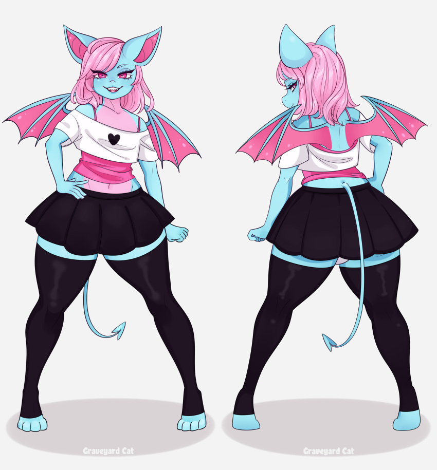 absurd_res bat black_bottomwear black_clothing black_skirt blue_body bottomwear clothed clothing femboy graveyardcat hair hand_on_hip heart_symbol hi_res male mammal pink_eyes pink_hair pose rear_view skirt solo spade_tail tail tail_over_skirt terry_bat wings