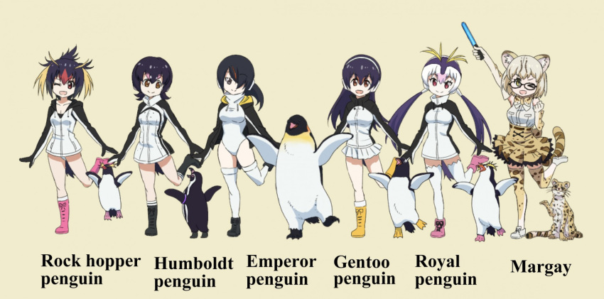 6+girls :d ;d arm_up bird black-framed_eyewear black_footwear black_hair blonde_hair boots brown_background brown_eyes clenched_hand closed_mouth commentary_request creature_and_personification drawstring elbow_gloves emperor_penguin emperor_penguin_(kemono_friends) english_text gentoo_penguin gentoo_penguin_(kemono_friends) glasses gloves glowstick grape-kun grey_hair hair_over_one_eye hairband headphones high-waist_skirt highres holding holding_glowstick hood hood_down hooded_leotard hoodie humboldt_penguin humboldt_penguin_(kemono_friends) jacket kemono_friends leg_up leotard long_hair long_sleeves looking_at_viewer low_twintails margay margay_(kemono_friends) margay_print medium_hair messy_hair miniskirt multicolored_hair multiple_girls name_connection no_pants one_eye_closed open_mouth penguin penguins_performance_project_(kemono_friends) pink_footwear pleated_skirt print_gloves print_skirt print_thighhighs red_hair rockhopper_penguin rockhopper_penguin_(kemono_friends) royal_penguin royal_penguin_(kemono_friends) shirt shoes short_hair side_ponytail simple_background skirt sleeveless sleeveless_shirt smile standing standing_on_one_leg swept_bangs thighhighs twintails white_hairband white_hoodie white_jacket white_leotard white_shirt white_skirt white_thighhighs yamaguchi_yoshimi yellow_footwear yellow_skirt yellow_thighhighs