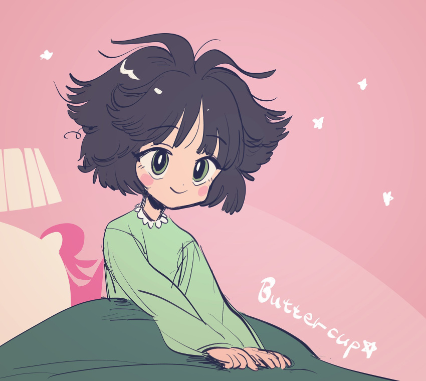 alphabet_(alphabetnoon) black_hair blush buttercup_(ppg) buttercup_redraw_challenge_(meme) character_name derivative_work female green_eyes green_pajamas highres lamp long_sleeves looking_at_viewer meme messy_hair pajamas pillow pink_background powerpuff_girls screenshot_redraw smile solo sparkle under_covers