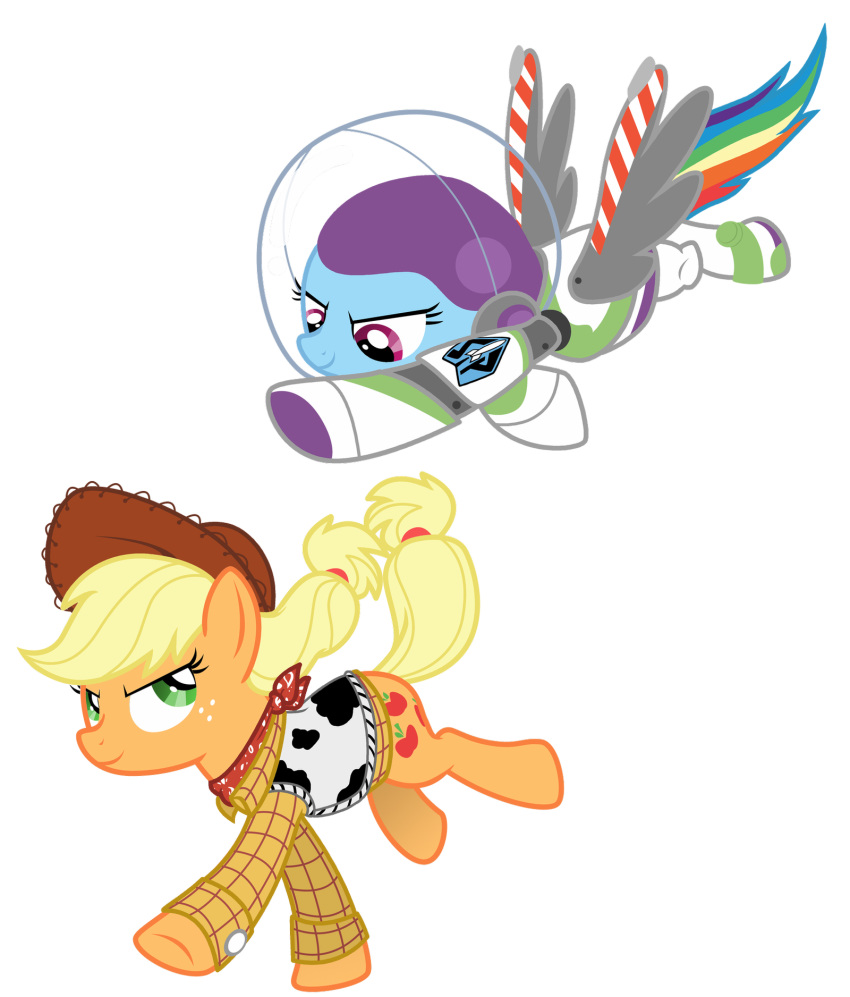 alpha_channel applejack_(mlp) blonde_hair blue_body blue_fur buzz_lightyear clothing cowboy cowboy_hat crossover cutie_mark disney duo earth_pony equid equine feathered_wings feathers female feral friendship_is_magic fur green_eyes hair hasbro hat headgear headwear hi_res horse lostinthetrees_(artist) mammal multicolored_hair my_little_pony mythological_creature mythological_equine mythology orange_body orange_fur pegasus pixar pony rainbow_dash_(mlp) rainbow_hair sheriff_woody_pride simple_background smile spacesuit toy toy_story transparent_background wings