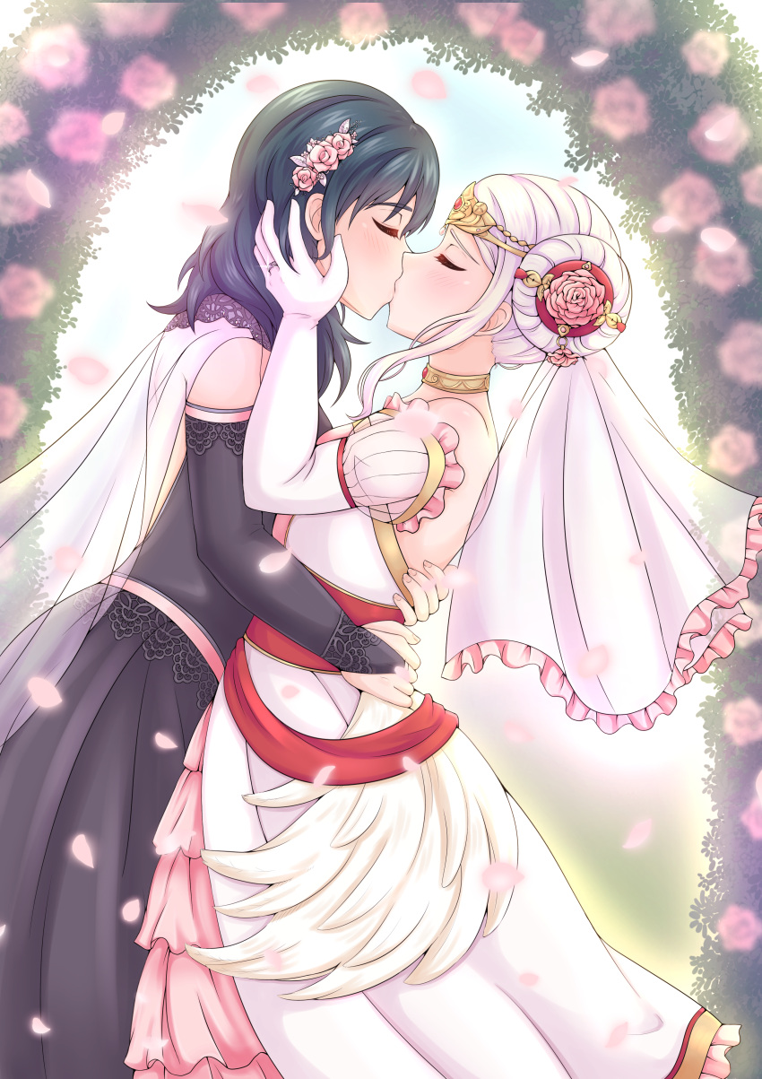 2girls absurdres arch black_dress blue_hair blush bridal_veil bride byleth_(fire_emblem) byleth_(fire_emblem)_(female) choker closed_eyes diadem dress edelgard_von_hresvelg elbow_gloves english_commentary fire_emblem fire_emblem:_three_houses flower gloves hair_flower hair_ornament hair_rings hand_on_another's_face highres hug jewelry kissing lewdlilies medium_hair multiple_girls outdoors petals ring veil wedding wedding_band wedding_dress white_hair wife_and_wife yuri