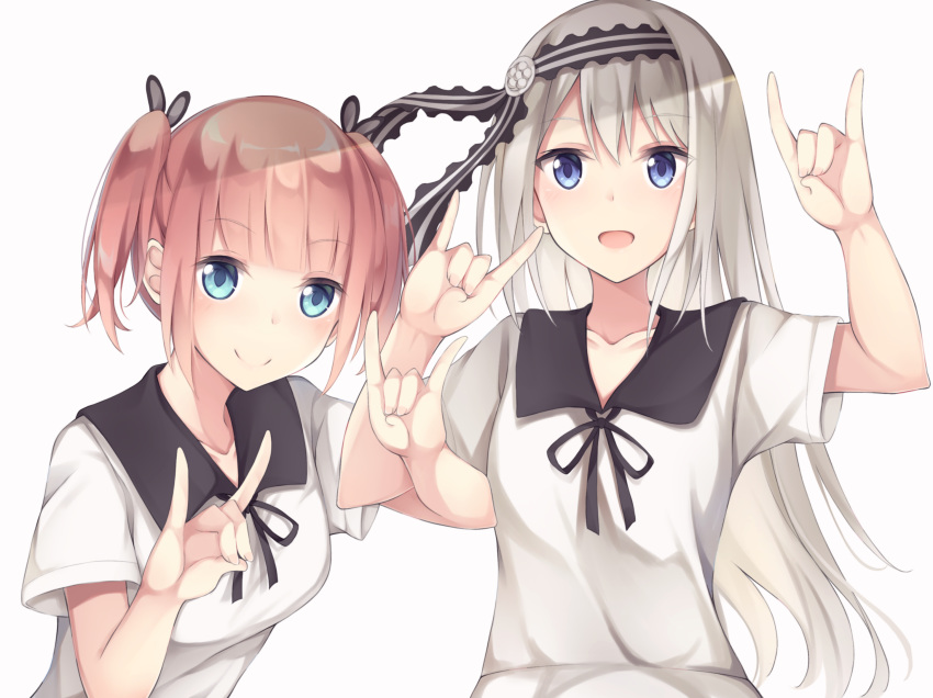 2girls bad_proportions black_hairband black_ribbon blue_eyes blush breasts brown_hair collarbone commentary_request dress fox_shadow_puppet fujiwara_moeha grey_hair hair_ornament hair_ribbon hairband highres jii_tomo kaguya-sama_wa_kokurasetai_~tensai-tachi_no_renai_zunousen~ long_hair looking_at_viewer multiple_girls open_mouth ribbon school_uniform shirogane_kei shirt short_hair short_sleeves short_twintails shuuchiin_academy_school_uniform simple_background smile twintails upper_body white_background white_dress