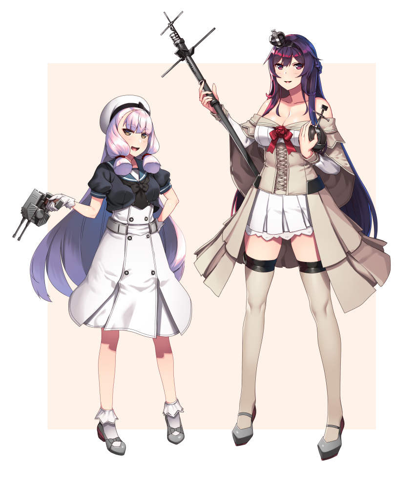 2girls absurdres blue_sailor_collar blunt_bangs braid commentary_request corset cosplay crown dress flower full_body gloves grey_hair hair_ribbon half_up_braid hat hie_(hiememiko) hiememiko highres jervis_(kancolle) jervis_(kancolle)_(cosplay) kantai_collection long_hair long_sleeves mary_janes mini_crown multiple_girls murakumo_(kancolle) off-shoulder_dress off_shoulder orange_eyes original photoshop_(medium) purple_eyes purple_hair red_flower red_ribbon red_rose ribbon rose sailor_collar sailor_dress sailor_hat shoes short_eyebrows sidelocks standing thighhighs tress_ribbon warspite_(kancolle) warspite_(kancolle)_(cosplay) white_dress white_gloves white_headwear white_legwear