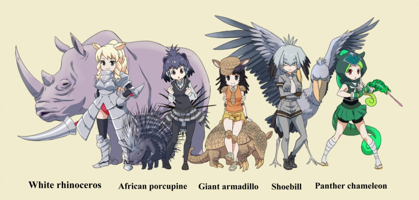 5girls :o animal_ears armadillo armadillo_ears armor armored_dress bike_shorts bike_shorts_under_skirt bird black_eyes black_footwear black_gloves black_legwear black_shorts black_sweater blonde_hair bob_cut brown_eyes brown_footwear brown_headwear brown_necktie cabbie_hat chameleon chameleon_tail clenched_hands closed_mouth collared_shirt commentary_request creature_and_personification crested_porcupine_(kemono_friends) dress english_text fingerless_gloves frown gauntlets giant_armadillo_(kemono_friends) gloves greaves green_hair green_shirt green_skirt grey_dress grey_footwear grey_gloves grey_hair grey_legwear grey_necktie grey_shirt grey_shorts grey_skirt hand_on_own_hip hat head_wings highres hood hood_up hooded_shirt kemono_friends kuji-in layered_sleeves leg_wrap leotard long_hair long_sleeves looking_at_viewer medium_hair miniskirt multicolored_hair multiple_girls name_connection neck_ribbon necktie ninja open_mouth orange_hair orange_sweater own_hands_together panther_chameleon_(kemono_friends) pantyhose pantyhose_under_shorts pleated_skirt porcupine porcupine_ears red_leotard rhinoceros rhinoceros_ears ribbon sandals shirt shoebill shoebill_(kemono_friends) shoes short_hair short_over_long_sleeves short_shorts short_sleeves shorts simple_background sitting_on_animal skirt sleeveless sleeveless_shirt smile standing sweater sweater_vest tail thighhighs v-neck v-shaped_eyes white_necktie white_rhinoceros_(kemono_friends) white_ribbon wings yamaguchi_yoshimi yellow_background yellow_footwear yellow_skirt