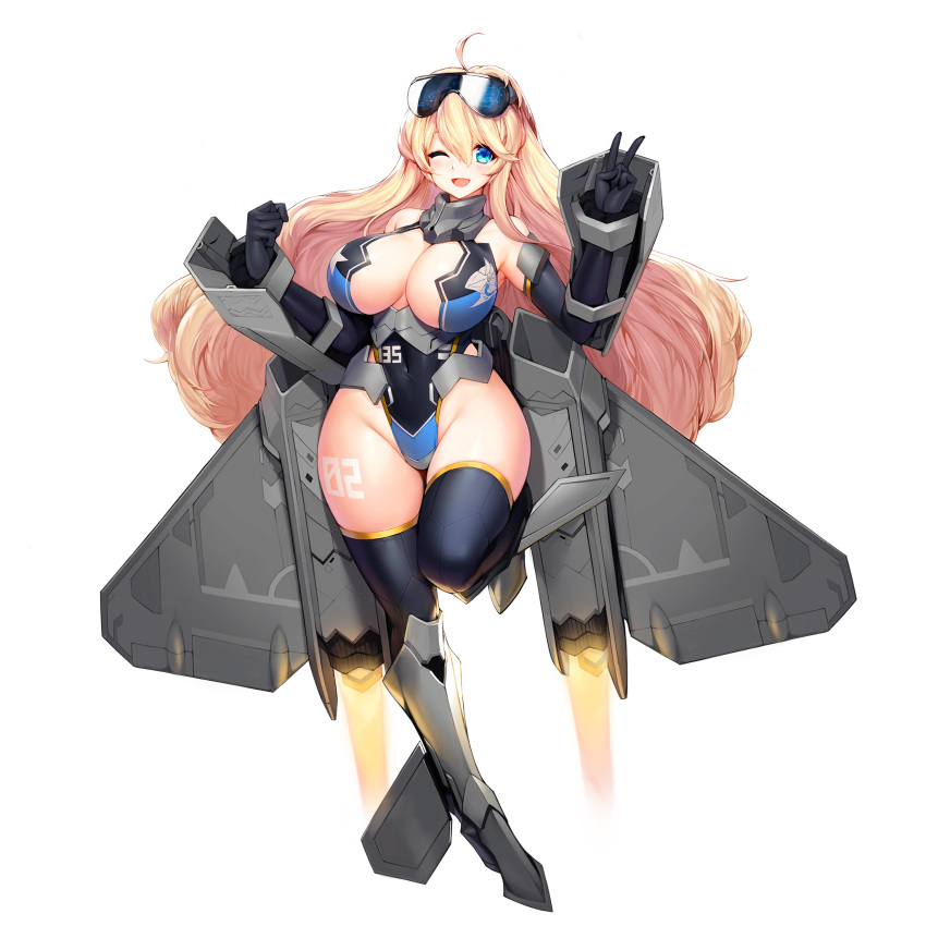 ahoge black_gloves black_thighhighs blush boots breasts cleavage cleavage_cutout clothing_cutout curvy elbow_gloves female full_body game_cg gloves goggles goggles_on_head hair_between_eyes harpyia_(last_origin) highres huge_breasts last_origin leotard long_hair looking_at_viewer official_art one_eye_closed snowball22 solo tachi-e thick_thighs thighhighs thighs transparent_background v very_long_hair wide_hips