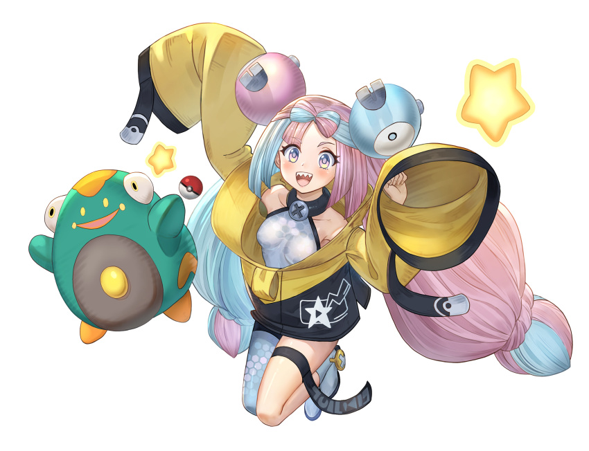 :d bellibolt blush boots breasts character_hair_ornament chinese_commentary collarbone commentary female green_hair grey_footwear grey_pantyhose hair_ornament happy highres huanghyy iono_(pokemon) jacket multicolored_hair open_mouth pantyhose pink_hair poke_ball poke_ball_(basic) pokemon pokemon_(creature) pokemon_sv sharp_teeth shirt single_leg_pantyhose sleeveless sleeveless_shirt smile star_(symbol) star_print teeth tongue two-tone_hair upper_teeth_only yellow_jacket