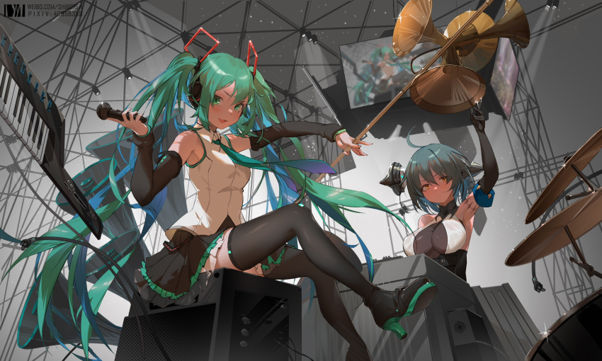 2girls ahoge black_footwear black_gloves black_legwear black_skirt black_sleeves blush boots breasts chinese_commentary commentary_request detached_sleeves dm_(dai_miao) drum elbow_gloves frankenstein_(masterwork_apocalypse) frilled_skirt frills gloves green_eyes green_necktie hatsune_miku hatsune_miku_(masterwork_apocalypse) hatsune_miku_(vocaloid4) high_heel_boots high_heels highres holding holding_microphone instrument keyboard_(instrument) large_breasts long_hair looking_at_viewer masterwork_apocalypse medium_breasts microphone multiple_girls necktie open_mouth shirt short_hair sitting skirt sleeveless sleeveless_shirt smile thigh_boots thighhighs twintails v4x very_long_hair vocaloid white_shirt