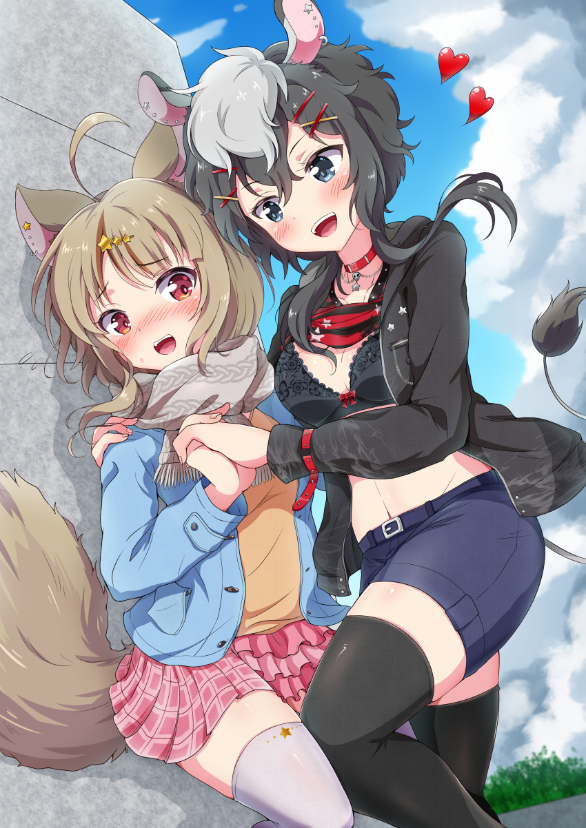 2girls absurdres against_wall ahoge animal_ears belt black_hair blue_eyes blush bow bow_bra bra breasts bush choker cleavage clothes_lift cloud commentary commission day ear_piercing eggman_(pixiv28975023) embarrassed fennery_(show_by_rock!!) fox_ears fox_girl fox_tail hair_ornament hairclip heart highres holding_hands interlocked_fingers jacket jewelry light_brown_hair long_hair looking_at_another medium_breasts medium_hair multiple_girls navel necklace open_clothes open_jacket open_mouth outdoors piercing pixiv_commission red_eyes scarf shirt_lift shorts show_by_rock!! skirt skull_necklace sky smile star_(symbol) star_hair_ornament sweatdrop tail teeth thighhighs underwear upper_teeth_only yuri zebra_ears zebra_girl zebra_tail zebrina_(show_by_rock!!)