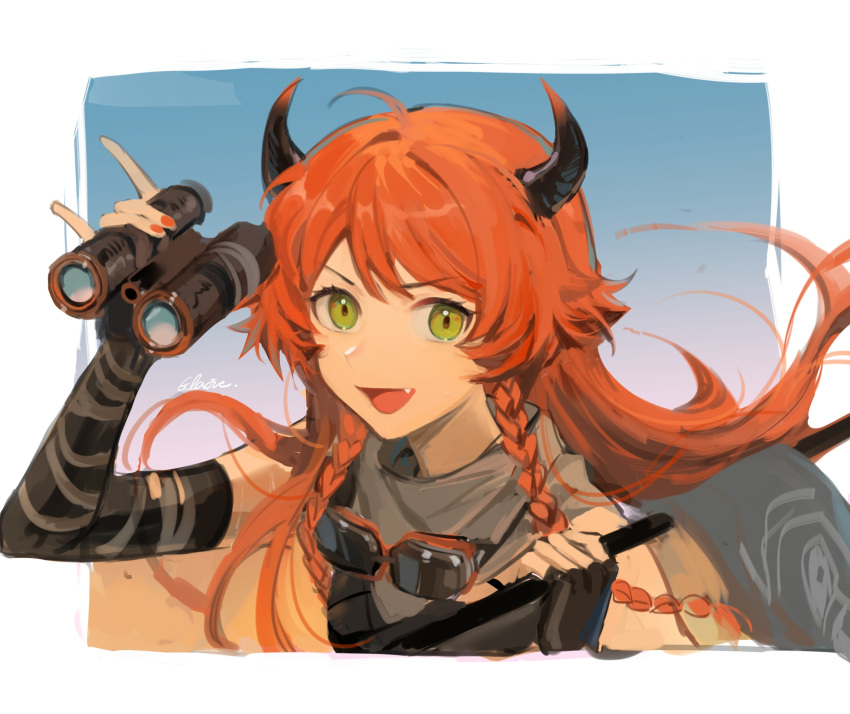 ahoge arknights binoculars black_gloves border braid chinese_commentary commentary_request cow_horns croissant_(arknights) croissant_(seeker)_(arknights) elbow_gloves ershuihe female fingerless_gloves floating_hair gloves goggles goggles_around_neck green_eyes grey_bandana hand_up highres holding holding_binoculars horns long_hair looking_at_viewer oerba_yun_fang official_alternate_costume open_mouth orange_hair portrait solo v-shaped_eyebrows white_border