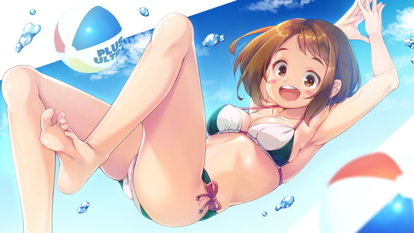 :d alternate_costume armpits arms_up ass ball bare_arms bare_legs bare_shoulders barefoot beachball bikini blush blush_stickers boku_no_hero_academia breasts brown_eyes brown_hair bubble cloud collarbone day feet female floating highres levitation looking_at_viewer masaki_kei medium_breasts open_mouth photoshop_(medium) round_teeth short_hair side-tie_bikini_bottom smile soles solo swimsuit teeth toes upper_teeth_only uraraka_ochako white_bikini